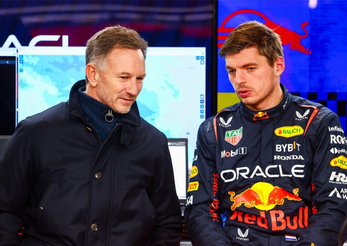 Verstappen and Horner discuting at Bahrain preseason testing 2024