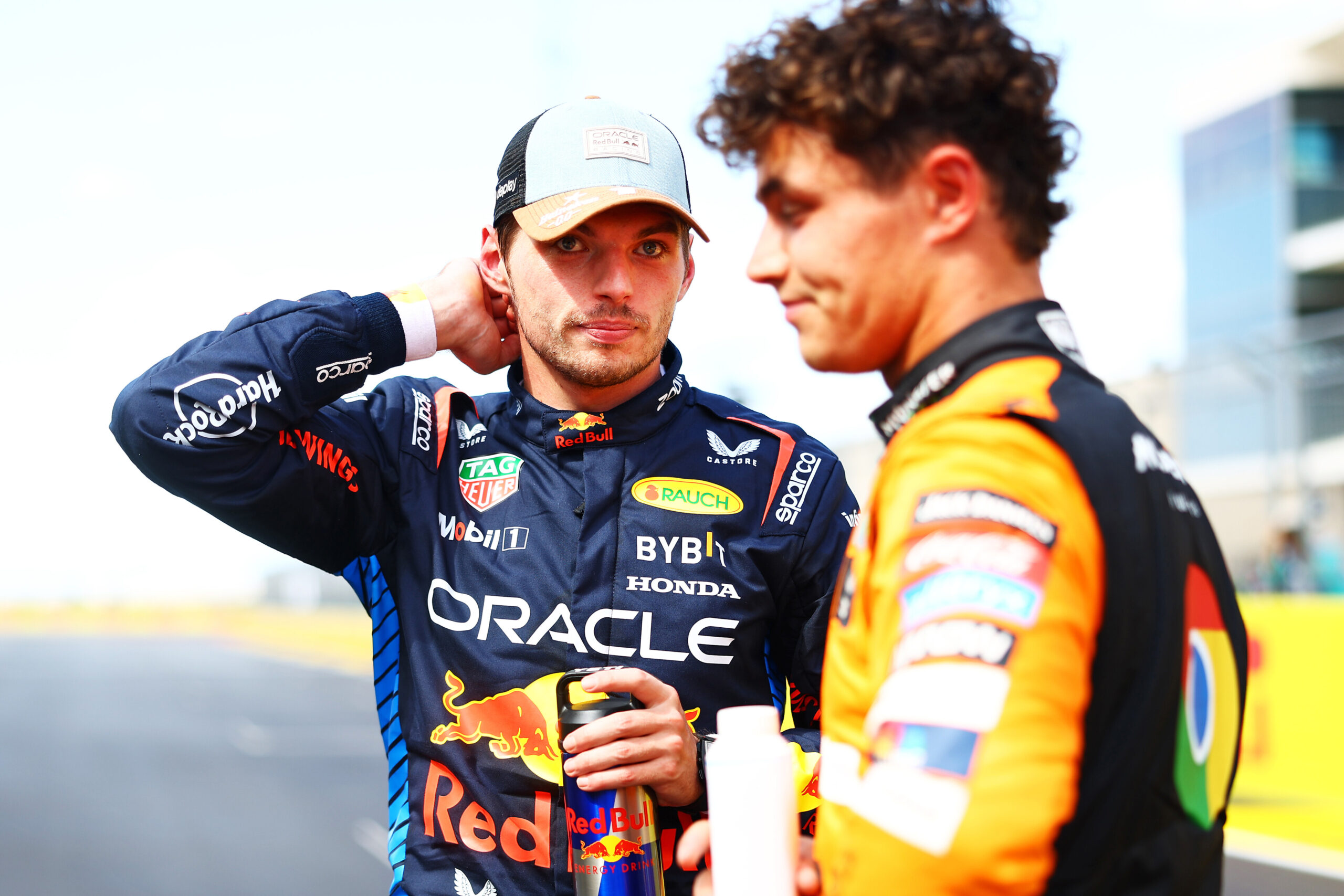 Sprint winner Max Verstappen of the Netherlands and Oracle Red Bull Racing and Third placed Lando Norris of Great Britain and McLaren talk in parc ferme during the Sprint ahead of the F1 Grand Prix of United States at Circuit of The Americas