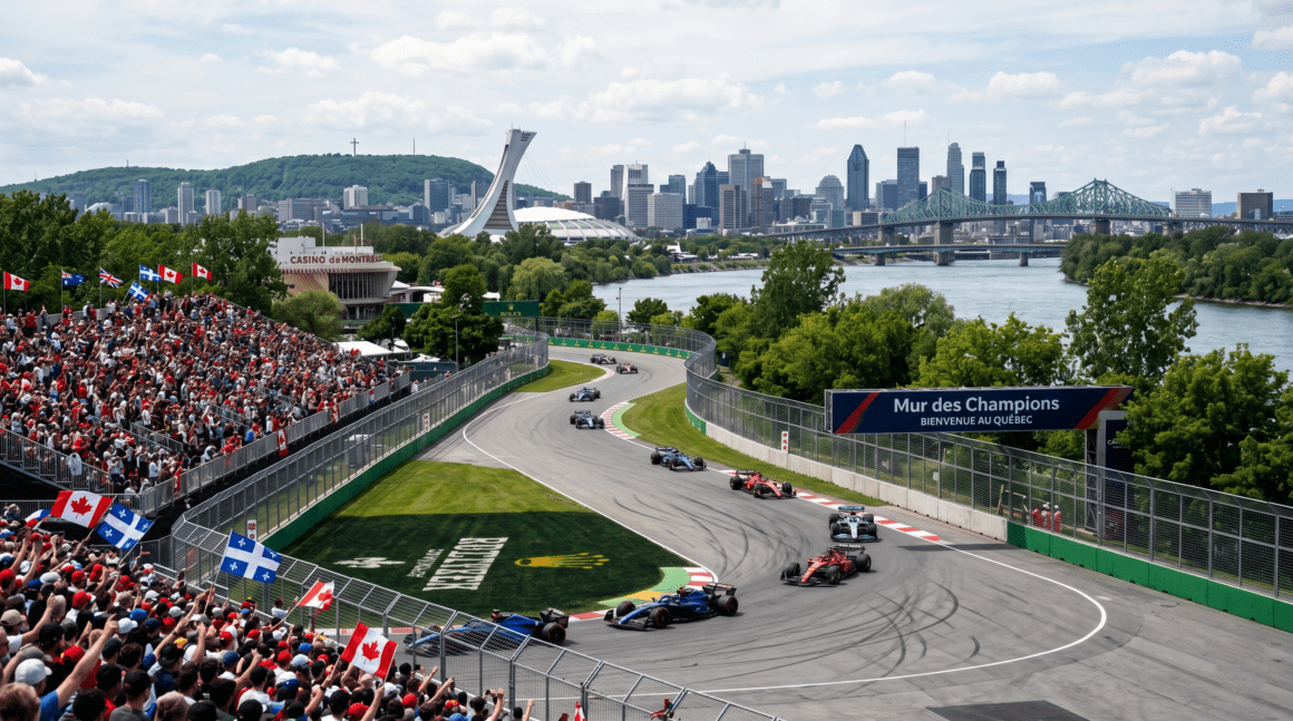 Des monoplaces de Formule 1 en course sur le circuit Gilles-Villeneuve lors du Grand Prix du Canada, avec les tribunes et la ville de Montréal en arrière-plan.