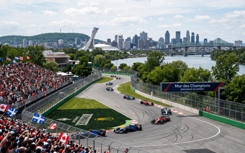 Des monoplaces de Formule 1 en course sur le circuit Gilles-Villeneuve lors du Grand Prix du Canada, avec les tribunes et la ville de Montréal en arrière-plan.