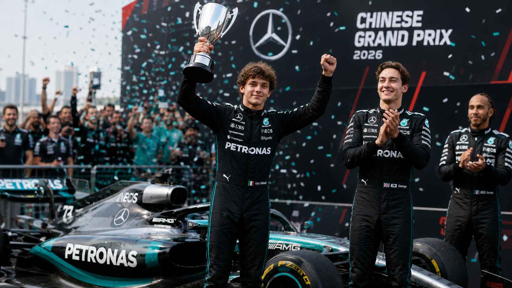 Trois pilotes en combinaisons noires Mercedes sur le podium du Grand Prix de Chine 2026. Un homme brandit un trophée.