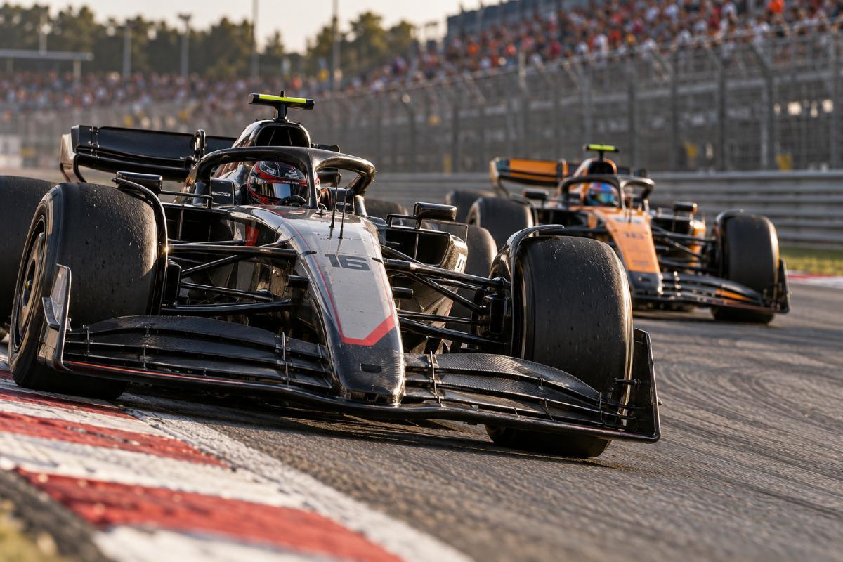 Two Formula 1 cars accelerating out of a corner, illustrating a close championship battle
