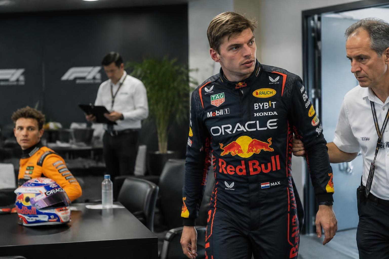 max verstappen is left stunned after being pulled from the f1 cooldown room when officials revoke his podium, turning the post-race celebrations upside down.